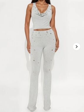 Fashion Nova Light Gray Eyelet Crop Tank & Flare Pants Set